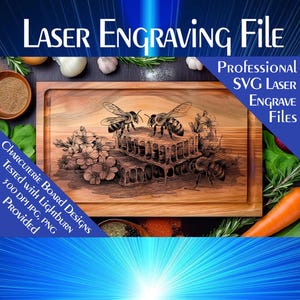 Può includere: Un file di incisione laser per un tagliere in legno con un design a nido d'ape con api e fiori. Il file è stato testato con Lightburn e include file JPG e PNG a 300 DPI.