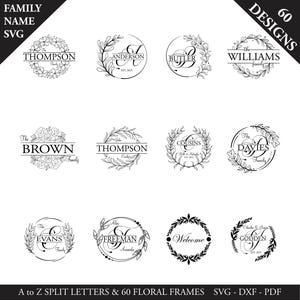 Könnte beinhalten: Eine Sammlung von schwarz-weißen floralen Rahmendesigns mit Familiennamen und Initialen. Das Bild zeigt verschiedene kreisförmige und rechteckige Rahmen mit Text wie "Thompson", "Anderson" und "Welcome". Der Text "A to Z Split Letters & 60 Floral Frames" ist ebenfalls vorhanden.