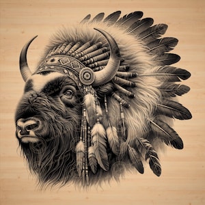 May include: A detailed black and white illustration of a bison wearing a Native American headdress. The headdress features feathers, beads, and horns. The bison's fur is textured, and the image has a vintage, artistic style.