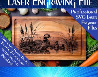 May include: A laser engraved wooden cutting board with a design of three ducks in a pond. The text "LASER Engraving File", "PROFESSIONAL", "SVG LASER", "ENGRAVE", "Files", "CHARCUTERIE BOARD DESIGNS", "TESTED WITH LIGHTBURN", "300 DPI JPG, PNG", and "PROVIDED" is visible on the board.