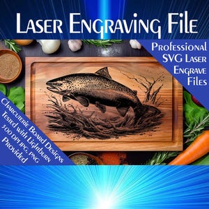May include: A laser engraving file for a wooden cutting board featuring a detailed illustration of a trout jumping out of the water. The file is tested with Lightburn and includes a 300 DPI JPG and PNG.
