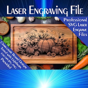May include: A laser engraving file for a charcuterie board featuring a black and white illustration of pumpkins and flowers. The file is tested with Lightburn and includes 300 DPI JPG and PNG files.