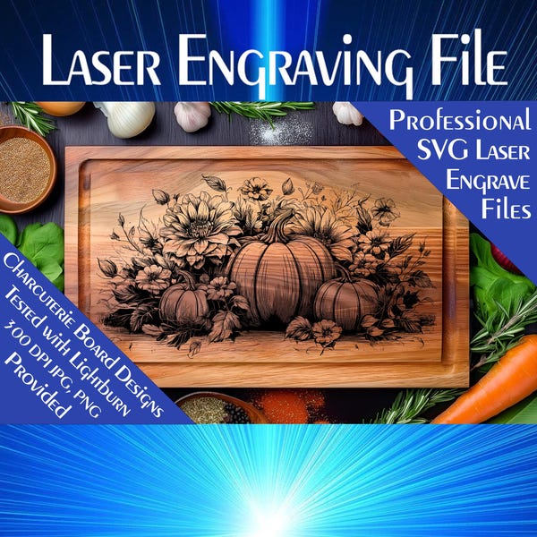 Tabla de charcutería con archivo SVG grabado con láser: Diseño floral de calabaza (descarga digital)