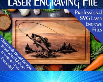 Puede incluir: Diseño de tabla de embutidos de madera con una imagen grabada con láser de un pez lubina saltando. La tabla tiene forma rectangular con un área empotrada. El texto de la imagen dice "Laser Engraving File" y "Charcuterie Board Designs".