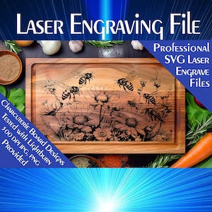 Peut inclure: Planche à découper en bois avec un motif gravé au laser d'abeilles et de fleurs. La planche est rectangulaire avec une zone encastrée. Le texte sur l'image indique "LASER Engraving File" et "CHARCUTERIE BOARD DESIGNS".