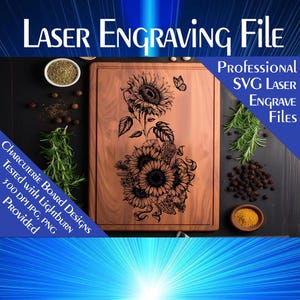 Fichier SVG de gravure au laser, planche de service de charcuterie, testé avec des brûlures à la lumière, tournesol, conception de papillon, décoration de cuisine, téléchargement de gravure SVG