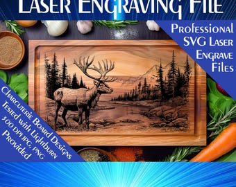 May include: A laser engraving file for a wooden cutting board featuring a detailed illustration of an elk standing in a forest scene. The file is compatible with Lightburn software and includes a 300 DPI JPG and PNG image.
