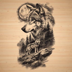 May include: Sepia-toned illustration of a wolf with a full moon in the background. The image features a detailed portrait of a wolf's head and a full body image of a wolf standing on rocks, with a forest scene.