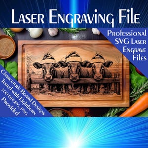 Pode incluir: Tábua de charcutaria de madeira com design gravado a laser de três vacas usando chapéus de Papai Noel, encostadas em uma cerca de madeira. A tábua tem formato retangular com uma área rebaixada. Texto "LASER Engraving File" no topo.