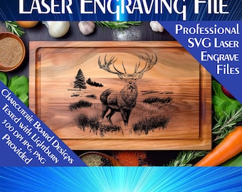 May include: A wooden charcuterie board with a laser-engraved image of a stag in a field. The board has a rectangular shape with a recessed area. Text on the image reads "LASER Engraving File" and "CHARCUTERIE BOARD DESIGNS".