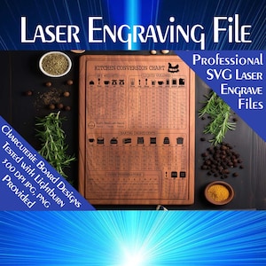 May include: A wooden chopping board with an engraved kitchen conversion chart. The chart includes dry weights, liquid volumes, baking ingredients, and oven temperatures. The board is brown with a light brown border. The text on the board is in black. The board is surrounded by black peppercorns, rosemary sprigs, and a small bowl of yellow spice.