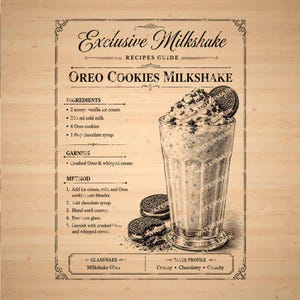 May include: A light brown wooden sign featuring a black printed recipe for an Oreo Cookies Milkshake. The design includes a detailed illustration of a milkshake in a glass, a list of ingredients, preparation steps, and a taste profile.