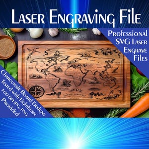 Puede incluir: Una tabla de cortar de madera con un mapa del mundo vintage grabado con láser. La tabla está rodeada de varias especias y hierbas. El texto "Laser Engraving File" está en la parte superior de la imagen. El texto "Professional SVG Laser Engrave Files" está en el lado derecho de la imagen. El texto "CHARCUTERIE BOARD DESIGNS TESTED WITH LIGHTBURN 300 DPI JPG, PNG PROVIDED" está en el lado izquierdo de la imagen.