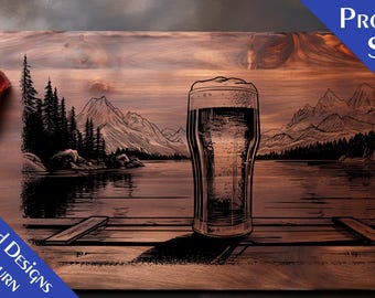 Charcuterie Board Laser Engrave File: Beer & Lake Scene (SVG, JPG, PNG)