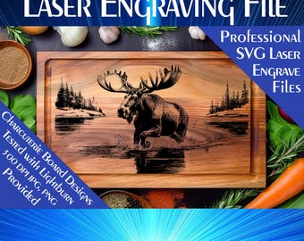 May include: A laser engraving file of a moose standing in a lake with trees in the background. The file is for use with a laser engraver and is tested with Lightburn software. A 300 DPI JPG and PNG file are included.