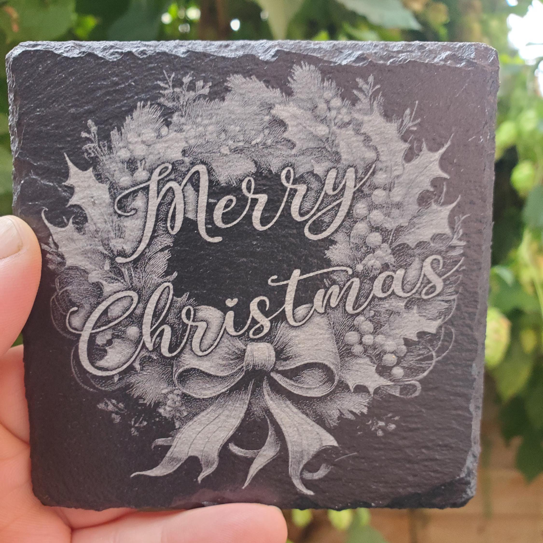 Merry Christmas Wreath PNG: Laser Engraving Slate Coaster File (digital ...