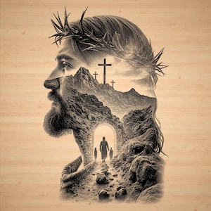 May include: A detailed black and white illustration of a man's profile, crowned with thorns. The image is layered with a landscape featuring mountains, crosses, and figures walking through an archway, set against a light wood grain background.