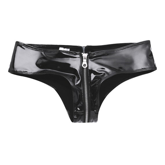 Imitation Latex Zipper Panties Faux Leather Open Crotch Panties