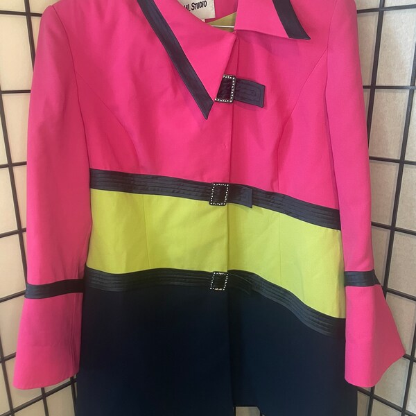 2 Piece Vintage ML Studio Abstract Colorblock Blazer & Skirt Set Plus Size 22W Skirt Suit