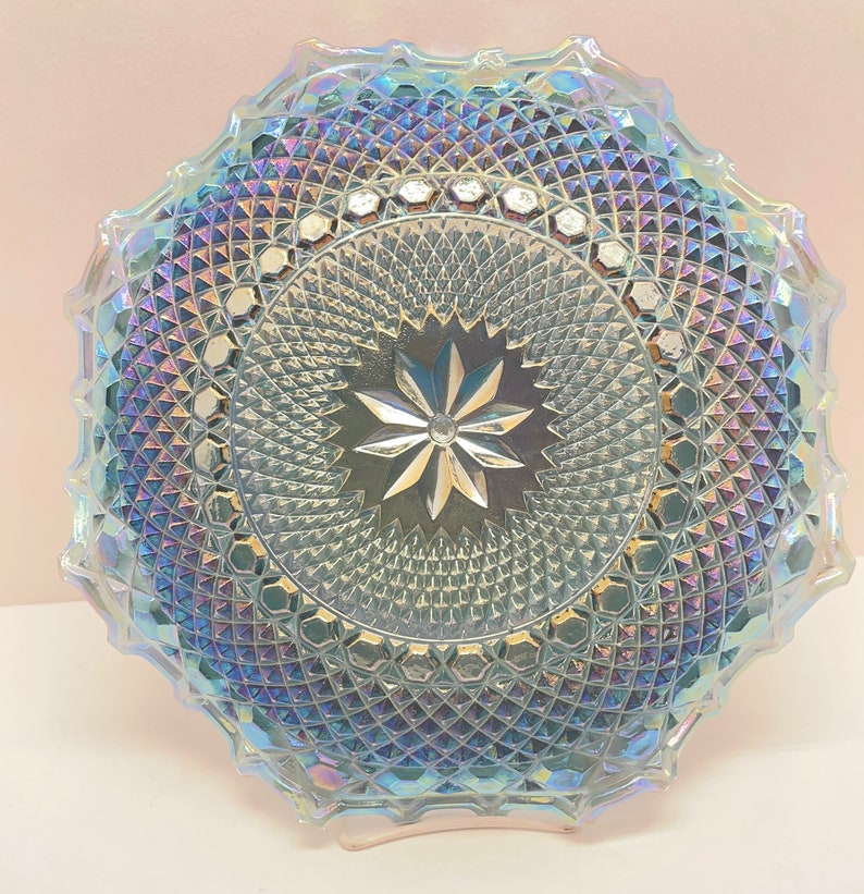 Vintage Iridescent Blue CARNIVAL GLASS Indiana 10 Platter Diamond Plate image 5