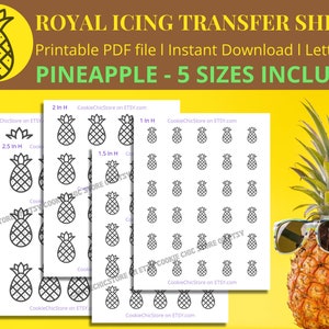 May include: Printable PDF file of five different sized pineapple outlines for royal icing transfer sheets. The pineapple outlines are in black on a white background. The text "ROYAL ICING TRANSFER SHEETS" is at the top of the image. The text "Printable PDF file | Instant Download | Letter Size" is below the first line of text. The text "PINEAPPLE - 5 SIZES INCLUDED" is below the second line of text. The text "CookieChicStore on ETSY.com" is at the bottom of each sheet.