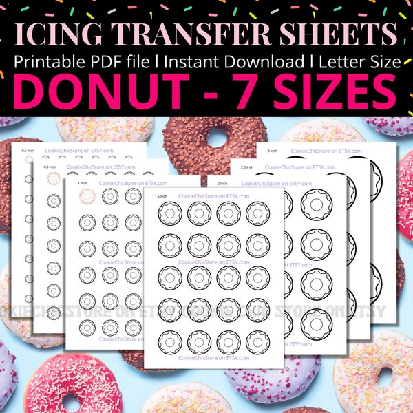 Donut Royal Icing Transfer Sheet Template, Doughnut For Sugar Cookie Transfer Sheet Printable Pattern Sheet For Royal Icing Instant Download