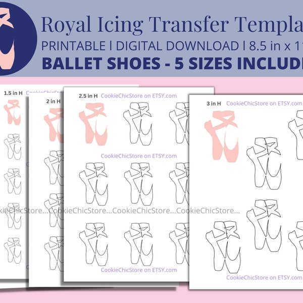 Ballet Shoe Royal Icing Transfer Sheet Template Ballet Slipper Flats, Printable RI Cookie Transfer Sheet For Ballerina Birthday Cookie PDF