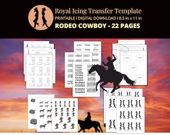 Puede incluir: Un conjunto de 22 páginas imprimibles de plantillas de transferencia de glaseado real para decorar pasteles y galletas con un tema de vaquero de rodeo. Las plantillas incluyen imágenes de botas de vaquero, caballos, vaqueros, estrellas y la palabra "RODEO".