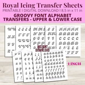 Royal Icing Transfer Hoja de letras de fuente retro Groovy, Hoja de transferencia del alfabeto de los años 70, Práctica de tubería de letras de decoración de galletas imprimible PDF