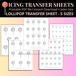 May include: Five printable lollipop transfer sheets in different sizes, 3 inches, 2.5 inches, 2 inches, 1.5 inches, and 1 inch. Each sheet features multiple outlines of a lollipop with a swirl design. The sheets are labelled with the size and the Etsy shop name, CookieChicStore.