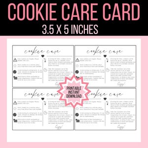 K&ouml;nnte beinhalten: Druckbare Cookie-Pflegekarte mit Anweisungen zur Aufbewahrung von Cookies. Die Karte ist 3,5 Zoll mal 5 Zoll gro&szlig; und hat ein schwarz-wei&szlig;es Design auf rosa Hintergrund.