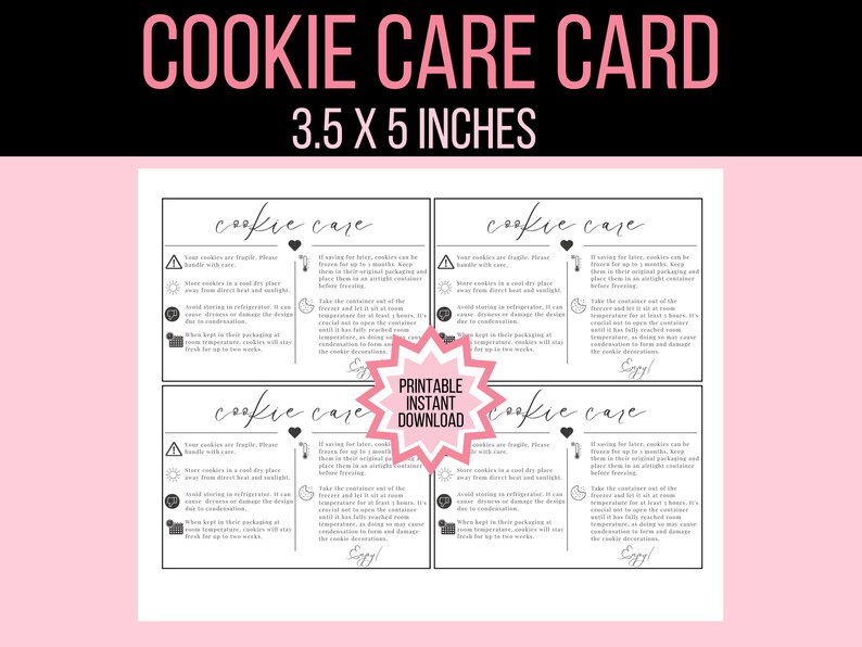 K&ouml;nnte beinhalten: Druckbare Cookie-Pflegekarte mit Anweisungen zur Aufbewahrung von Cookies. Die Karte ist 3,5 Zoll mal 5 Zoll gro&szlig; und hat ein schwarz-wei&szlig;es Design auf rosa Hintergrund.