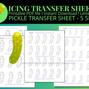May include: Printable icing transfer sheets for cookies in five sizes: 1 inch, 2 inches, 2.5 inches, 3 inches, and 3.5 inches. The sheets feature a pickle design. The image shows a close-up of the 2.5-inch pickle design.
