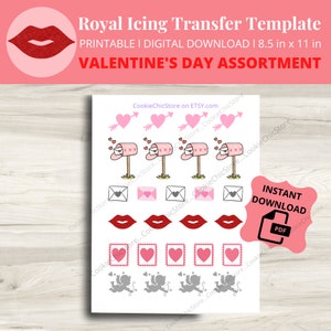 Hoja de transferencia de glaseado real de San Valentín Decoraciones de transferencia de galletas del día de San Valentín, plantilla de transferencia de corazón, hoja de transferencia de San Valentín imprimible