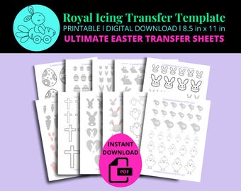 Easter Royal Icing Transfer Sheet Bundle Cookie Decoration, RI Transfer Template, Springtime Pattern Sheet, Printable PDF, bunny carrot eggs
