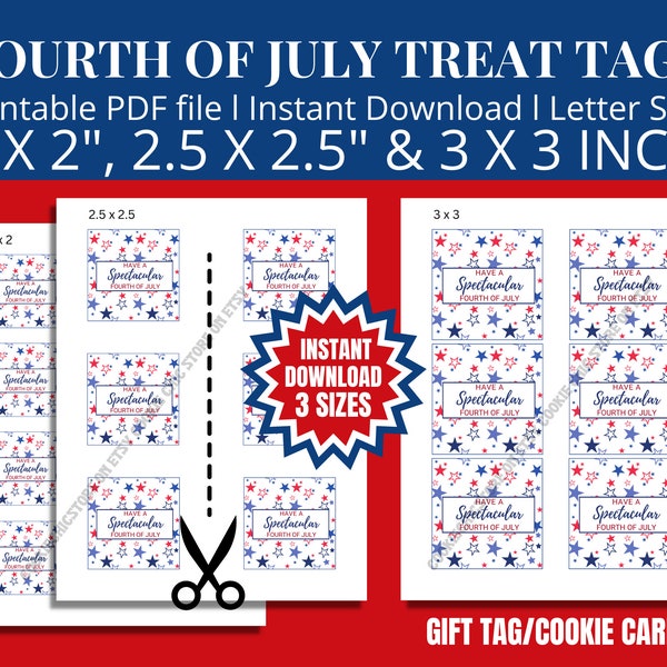 Printable 4th of July 2 in 2.5 in 3 inch Cookie Gift Tag, Fourth of July Favor Bag Tag, Cookie Packaging, Mini Red White Blue Cookie Card