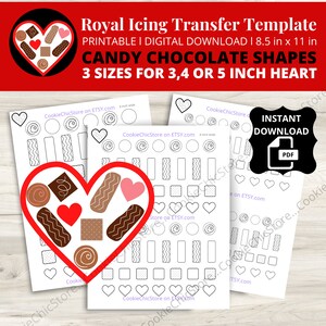 May include: Printable royal icing transfer template for candy chocolate shapes. The template includes three sizes for 3, 4, or 5 inch hearts. The template is 8.5 inches by 11 inches.
