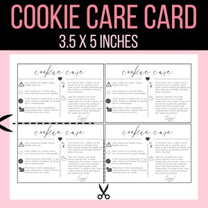 K&ouml;nnte beinhalten: Vier wei&szlig;e Karten mit schwarzem Text und Symbolen, jede mit dem Titel "Cookie Care" und Anweisungen zur Aufbewahrung von Keksen. Die Karten sind 3,5 x 5 Zoll gro&szlig;.