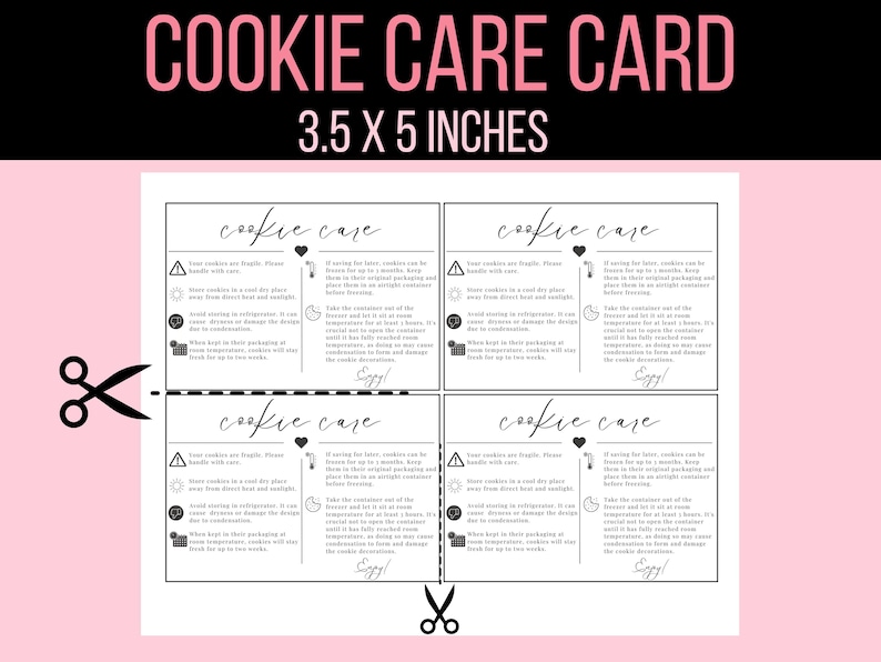 K&ouml;nnte beinhalten: Vier wei&szlig;e Karten mit schwarzem Text und Symbolen, jede mit dem Titel "Cookie Care" und Anweisungen zur Aufbewahrung von Keksen. Die Karten sind 3,5 x 5 Zoll gro&szlig;.