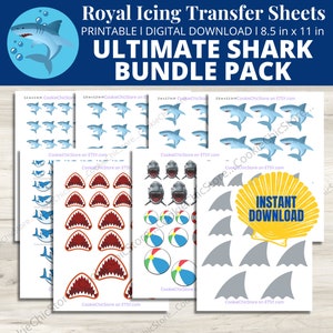 Shark Royal Icing Transfer Sheet, Beach Royal Icing Template, Shark Fin Shark Mouth Beach Ball Life Preserver Printable Cookie Transfers PDF