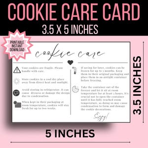 K&ouml;nnte beinhalten: Eine schwarz-wei&szlig;e druckbare Cookie-Pflegekarte mit Anweisungen zum Aufbewahren und Einfrieren von Cookies. Die Karte misst 3,5 x 5 Zoll.