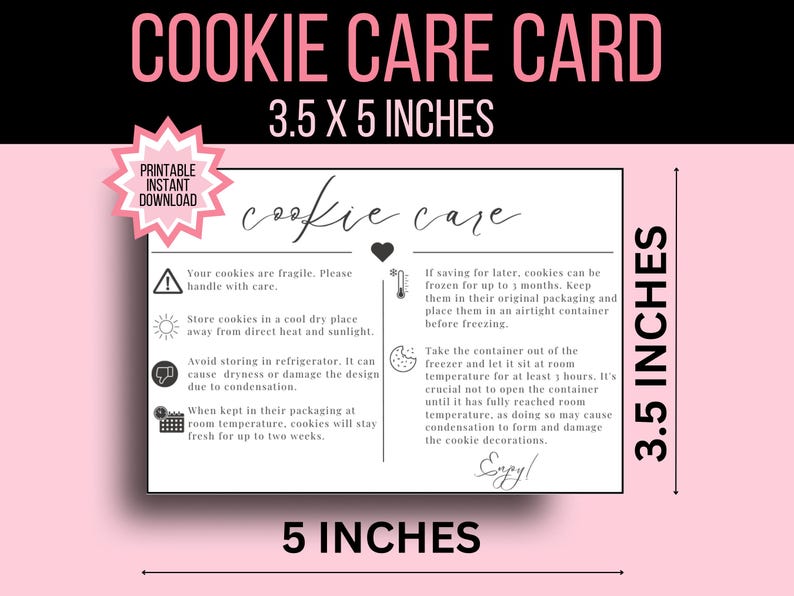 K&ouml;nnte beinhalten: Eine schwarz-wei&szlig;e druckbare Cookie-Pflegekarte mit Anweisungen zum Aufbewahren und Einfrieren von Cookies. Die Karte misst 3,5 x 5 Zoll.