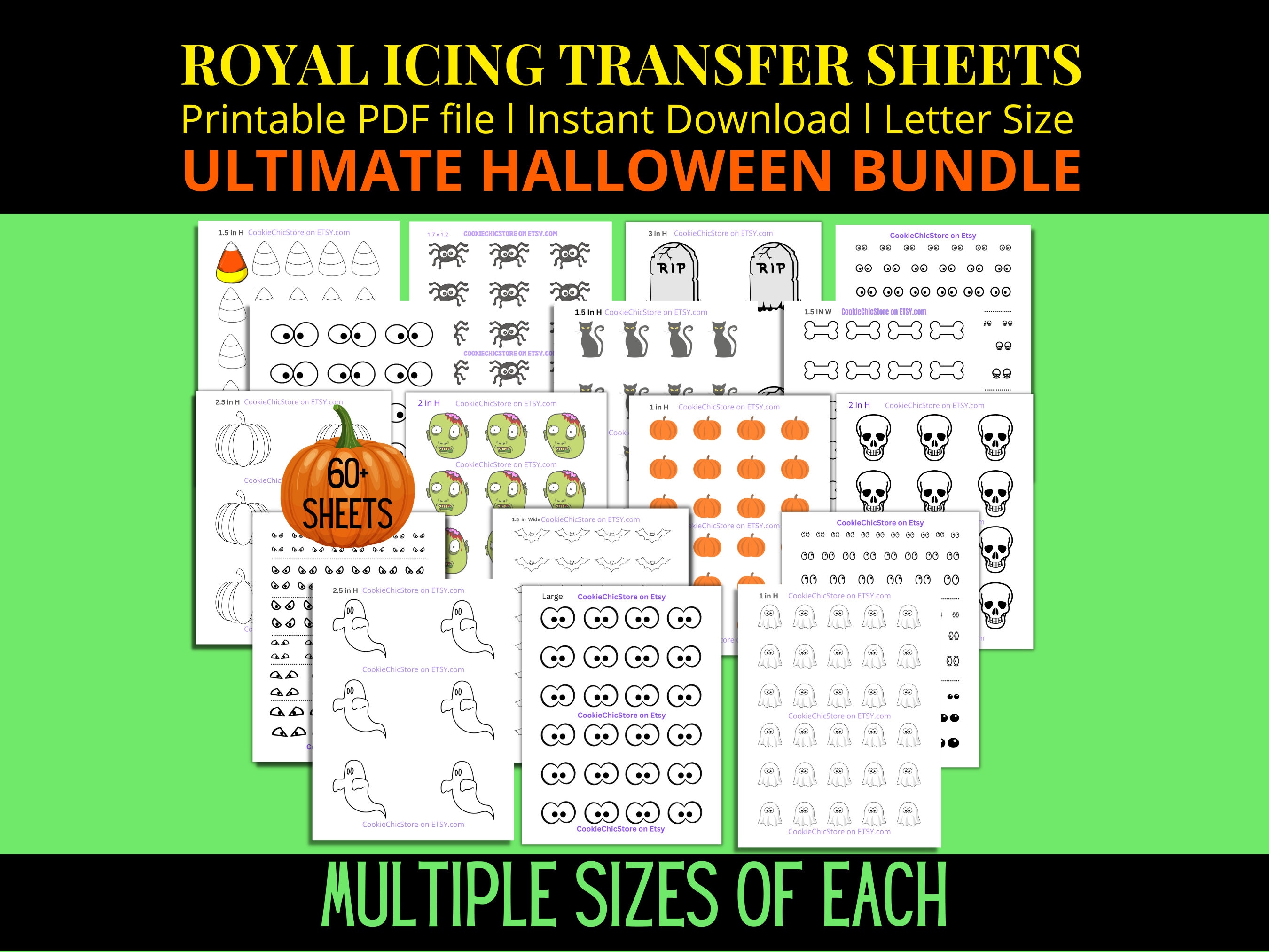 Halloween Royal Icing Transfer Sheet Halloween Cookie Transfer Sheet Template Reuse, SugarCookie Decoration Bundle Pack,