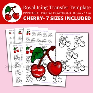 May include: Printable digital download of seven different sizes of a cherry outline template for royal icing transfer. The template is 8.5 inches by 11 inches.
