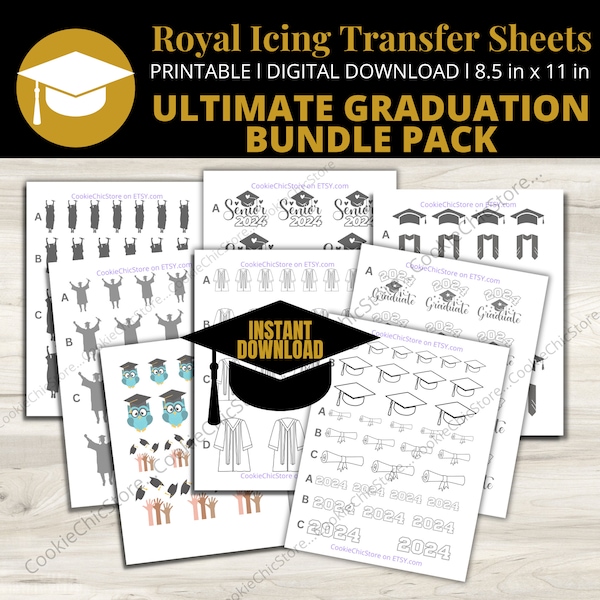 Graduation Transfer Sheet Royal Icing Template Bundle Pack, Graduation Royal Icing Transfer Sheets, 2024 Cap Diploma Icing Cookie Decoration