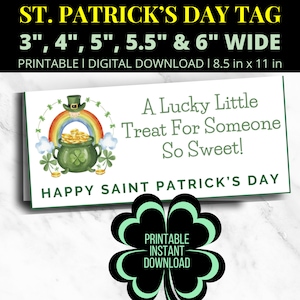 Puede incluir: Etiqueta de regalo imprimible para el Día de San Patricio con una olla de oro verde, un arcoíris y un sombrero de duende. La etiqueta dice "Un pequeño regalo de la suerte para alguien tan dulce! ¡Feliz Día de San Patricio!"