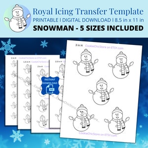 May include: Printable royal icing transfer template for a snowman cookie. The template includes five different sizes of the snowman, ranging from 1 inch to 3 inches in height. The template is designed for use with royal icing and can be used to create custom cookies.