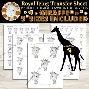 May include: Printable digital download sheet of five different sized giraffe images for royal icing transfers. The sheet is 8.5 inches by 11 inches.