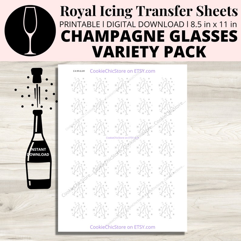 Royal Icing Transfer Champagne Glasses Sheet Bundle Printable Etsy