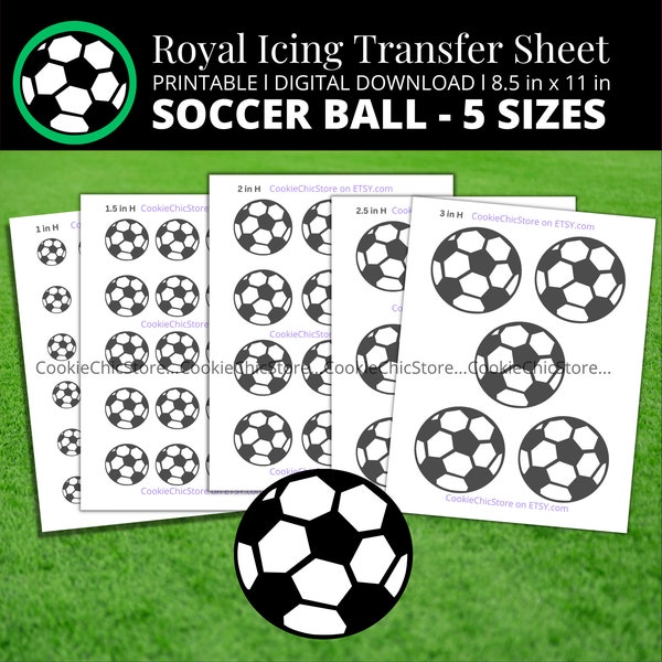 Fußball Royal Icing Transfer Sheet Vorlage, druckbare Piping RI Transfer Vorlage für Cookie Dekoration, Sport Zuckerkeks Transfer